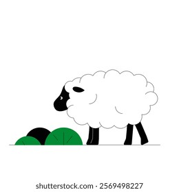 Sheep Grazing Near Green Shrubs In Flat Vector Illustration Symbolizing Farming, Livestock Care, And Rural Life, Isolated On White Background.