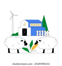 Sheep Grazing On Farm With Barn And Wind Turbine In Flat Vector Illustration Symbolizing Sustainable Agriculture And Rural Lifestyle, Isolated On White Background.