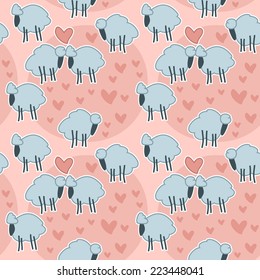 Sheep grazing on the meadow pink pattern