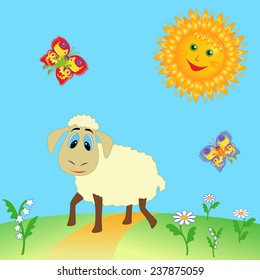 Sheep grazing on pasture and colorful cartoon fairy butterflies flying near a Sun over meadow. Hand drawing vector illustration
