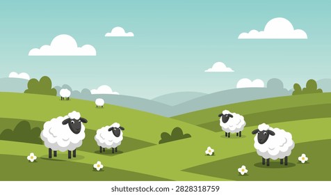 Sheep grazing on rolling green hills in pastoral landscape.