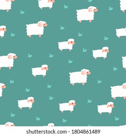 Sheep Grazing Vector Cartoon, Animal Seamless Pattern