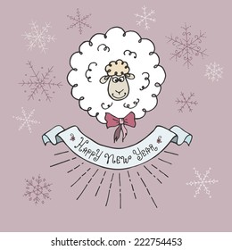 Sheep. Greeting card  New Year with a sheep, ribbon and snowflakes. Cute holiday  vector background  drawn by hand.