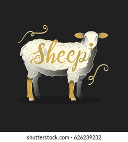 Sheep. Hand drawn lettering card design. Pointillism graphic style. Vintage vector engraving illustration for label, poster, logotype. Isolated on black background. Poster lamb vintage drawing style
