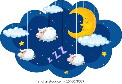 Sheep hanging in the dark sky illustration