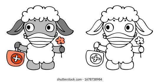 La oveja lleva mascarilla. Cuta ilustración de ovino - médico. Ilustración vectorial para el coronavirus concepto de cuarentena y tratamiento de enfermedades. Ilustración para pediatra, hospital pediátrico.