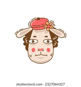 Sheep in hat with flower doodle. Funny hand drawn male ram with blush and curly hair. Woolly lamb caricature in cartoon style. Vector illustration
