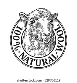 Sheep head. 100% Natural wooll lettering. Hand drawn in a graphic style. Vintage vector engraving illustration for label, poster, logotype. Isolated on white background