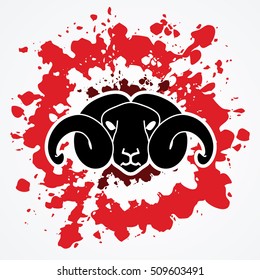 Sheep head with big horn designed on splash blood background graphic vector.