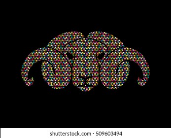 Sheep head with big horn designed using colorful mosaic pattern graphic vector.
