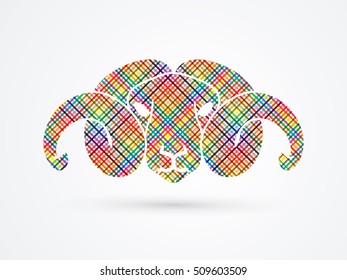 Sheep head with big horn designed using colorful pixels graphic vector.