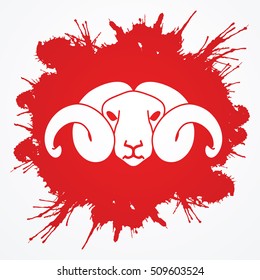 Sheep head with big horn designed on splatter blood background graphic vector.