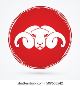 Sheep head with big horn designed on grunge circle background graphic vector.