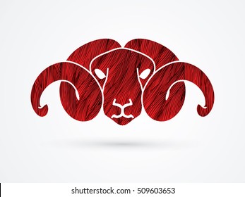 Sheep head with big horn designed using red grunge brush graphic vector.