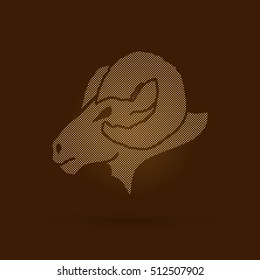 Sheep head with big horns designed using dots pixels graphic vector.