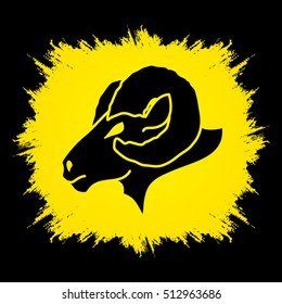 Sheep head with big horns designed on grunge frame background graphic vector.