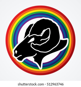 Sheep head with big horns designed on rainbows background graphic vector.