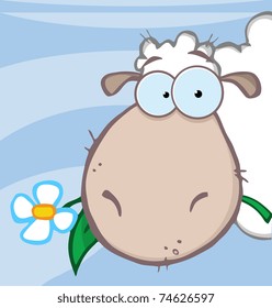 Sheep Head Cartoon Character Carrying A Flower In Its Mouth