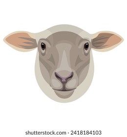 Sheep head close up. Portrait of a farm animal front view. Lamb face icon. Vector illustration isolated on a white background