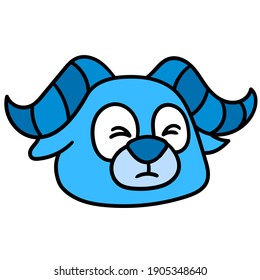 sheep head emoticon with blue horns with his eyes closed in fear, doodle draw kawaii. vector illustration art