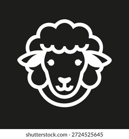 Silhueta do ícone da cabeça da ovelha, vista frontal. Logotipo de contorno branco de um Ram. Ilustração de vetor isolada no plano de fundo preto.