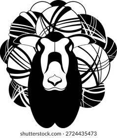 Cabeza de oveja hecha de bolas de lana.
Cabeza de oveja. Lana natural. Ilustración original en blanco y negro
