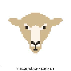 Sheep head in pixel art style made of small colored squares