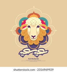 Ilustración vectorial de la cabeza de la oveja - Traducción árabe: Eid Adha Mubarak