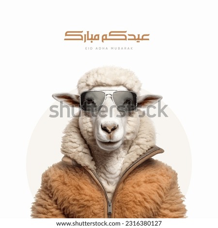 sheep head wearing sunglasses on the human body of a man wearing winter Clothes on white background - Arabic translation: Eid Adha Mubarak