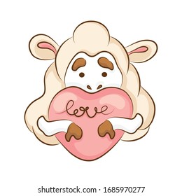 A sheep with a heart in its paws. Cute animals. Cartoon. Vector illustration Design element for sticker, flyer, print for t-shirts.
