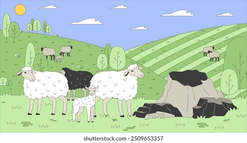 Efetivo de ovinos que pastam em pastagens montanhosas ilustração plana. Animais de fazenda de lã no verão paisagem 2D paisagem desenho animado fundo. Imagem tradicional do vetor da cena da criação agrícola