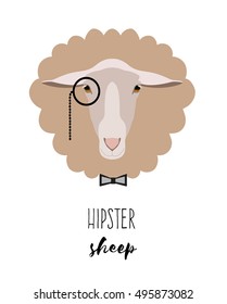 Sheep hipster, glasses. On isolated background. Vector. Face sheep. Head. Design element. Flat Style. Cartoon style.