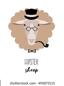 Sheep hipster, a hat, glasses, smoking a pipe. On isolated background. Vector. Face sheep. Head. Design element. Flat Style. Cartoon style.