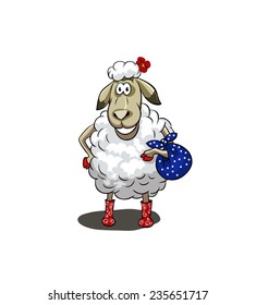 a sheep with his bag and a flower