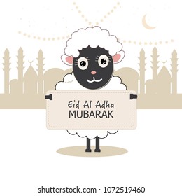 Sheep holding greeting card. Islamic festival of sacrifice, eid al adha celebration greeting card