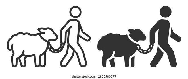 sheep and human figure with leash vector icon set on transparent background
