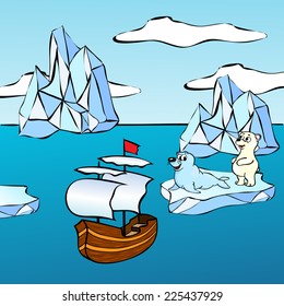 Sheep, icebergs and polar bear. Vector illustration for children