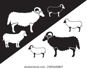 sheep icon vector, black and white image. ewe and ram silhouette.