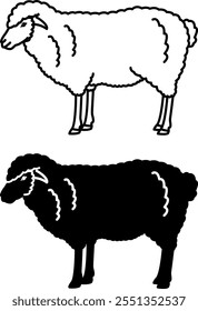 Ícones de ovelhas. Ilustrações de vetor em preto e branco. Mamífero. Agricultura, Agricultura. Para colorir o design do livro. Conceito de animais domésticos