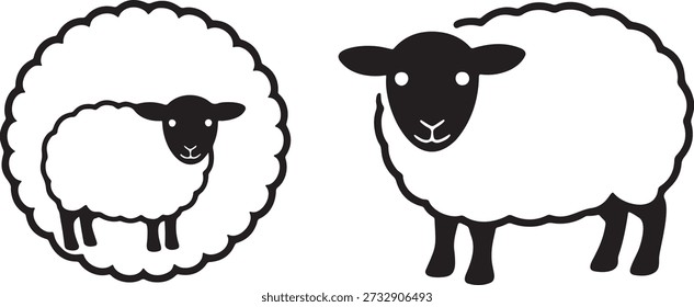 Sheep icons set, two different style sheep silhouettes. Cute farm animal vector illustration, domestic livestock, agriculture symbol. Perfect for children's books, farm themes, logo design. Isolated on transparent background, featuring a simple and a cloudy outline sheep.
