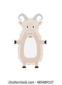 Sheep illustration as a funny character. Domestic animal with wool and horns. Small cartoon creature, isolated object in flat design on white background.
