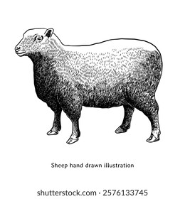 Sheep illustration. Sheep sketch. Sheep hand drawn illustration in vintage engraving style