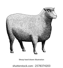 Sheep illustration. Sheep sketch. Sheep hand drawn illustration in vintage engraving style. Lamb illustration