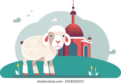 Sheep Infront of Mosque , Eid ul Adha Greetings, Bakra Eid Mubarak, Celebrations, Animal Vector Illustration, Muslim Festival
