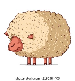 A Sheep, Isolated Vector Illustration. Funny Cartoon Picture Of A Ewe Hiding In Its Soft Wool. A Drawn Lamb Sticker. Simple Drawing Of A Shy Sheep On White Background. A Domestic Animal. Livestock