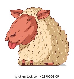 A Sheep, isolated vector illustration. Funny cartoon picture of a ewe sticking its tongue. A drawn lamb sticker. Simple drawing of a cute sheep on white background. A domestic animal. Livestock