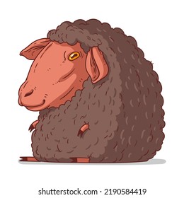 A Sheep, isolated vector illustration. Funny cartoon picture of a calm soft ewe sitting. A drawn lamb sticker. Simple drawing of a cute sheep on white background. A domestic animal. Livestock