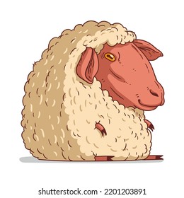 A Sheep, isolated vector illustration. Funny cartoon picture of a calm soft ewe sitting. A drawn lamb sticker. Simple drawing of a cute sheep on white background. A domestic animal. Livestock