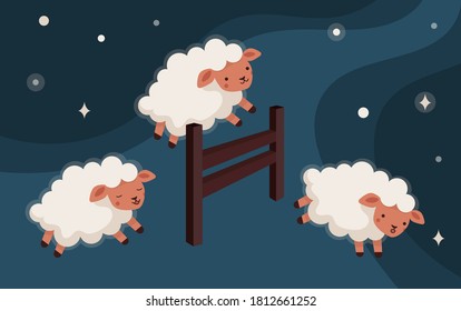 Sheep jump over the fence. Insomnia, counting of lambs to fall asleep. Sweet dreams. Starry sky. Flat vector illustration in cartoon style.