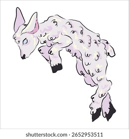 Sheep. Jumping. Delicate purple shade. Unusual fairytale coloring. Unique style. Colored lamb. Logo design, print for sketchbooks, clothes, cups, stickers, pins. Vector hand-drawn illustration.